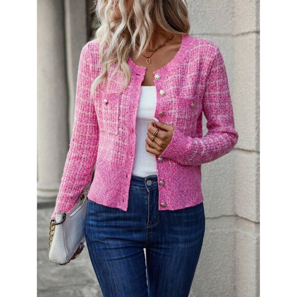 Pink Tweed Button-Up Cardigan Long Sleeve Plazacore Business Minimalist - Picture 1 of 4